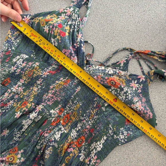 Vintage Multicolore Floral Green Midi Dress Large Slit Tied back Cottagecore - Picture 11 of 12